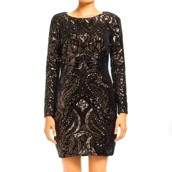 AQUA Womens Brown Sequined Long Sleeve Jewel Neck Short Cocktail Sheath - Picture 1 of 8